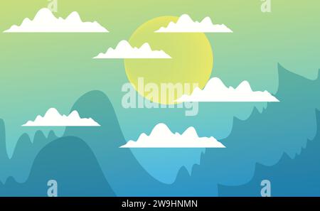 illustration sun sky with clouds and mountains Stock Vector