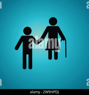 Silhouette of a man helping an old woman with walking stick Stock Vector