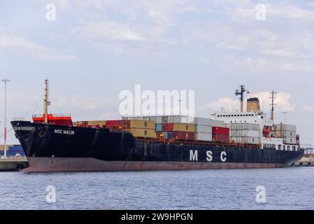 Le Havre, France - Container Ship MSC MALIN alongside at port of Le Havre. Stock Photo