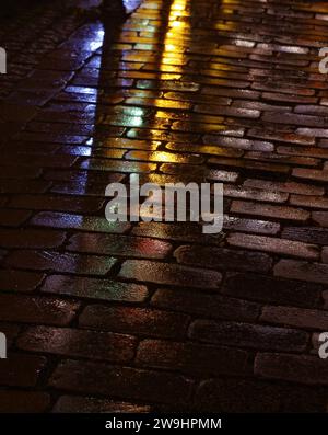 Wet pavement in the upper town of Marburg. Stock Photo