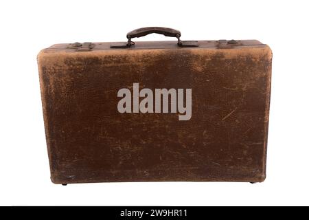 Old vintage suitcase isolated over white background. Stock Photo