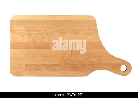 Wooden cutting board with a curved handle on a white background. Copy space. Stock Photo