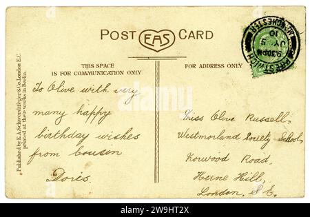 Reverse of original, Edwardian greetings postcard., Prestwich 1910 Stock Photo