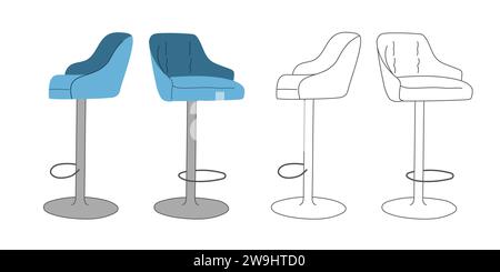 Kitchen or bar highchair on one single metal leg with disk. Blue and outline tall stool isolated on white background. Vector illustration Stock Vector