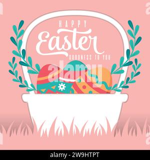 Colored happy easter template with basket full of eggs Vector Stock Vector