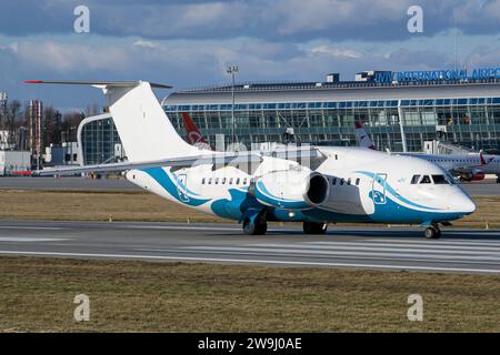 Ukrainian airline's Air Ocean Airlines Antonov An-148-100E taxiing for takeoff from Lviv for a flight to Kyiv Stock Photo