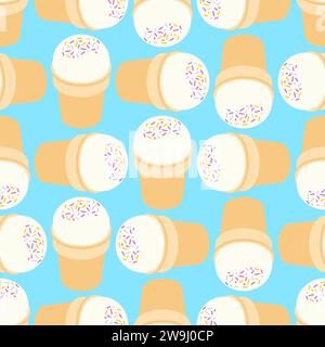 Ice cream in waffle cup pattern seamless. Sweets background. Ornament of kids fabric Stock Vector