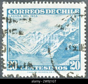 Cancelled postage stamp printed by Chile, that shows Inca lake, circa 1960. Stock Photo