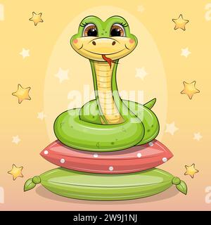 A cute cartoon green snake on two pillows. Vector illustration with an animal on a yellow background with stars. Stock Vector