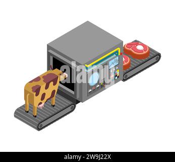 Automatic production of steaks. Cow and meat Production complex of technological equipment. Beef Engineering vehicle isometric. Hamon Food production Stock Vector