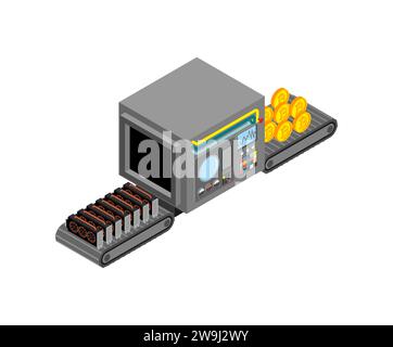 Automatic production of bitcoins. Videocrata and cryptocurrency Production complex of technological equipment. Engineering vehicle isometric. Equipmen Stock Vector