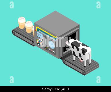 Automatic ice cream production. Cow and icecream Production complex of technological equipment. Engineering vehicle isometric. Food production equipme Stock Vector