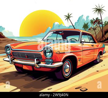 Retro car on the beach at sunset. Vector illustration for your design Stock Vector