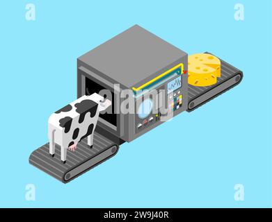 Automatic cheese production. Cow and cheese Production complex of technological equipment. Engineering vehicle isometric. Food production equipment. Stock Vector