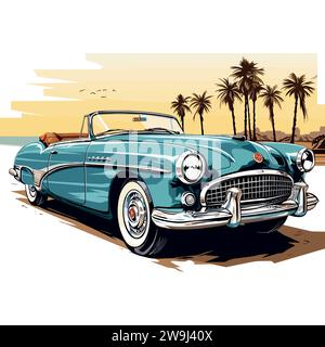 Vintage car on the beach. Hand drawn vector illustration in