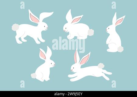 Set of cute white rabbits in different poses. Hand drawn cartoon bunny. Vector illustration Stock Vector