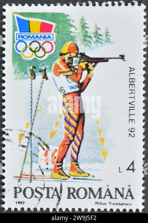 Cancelled postage stamp printed by Romania, that shows Biathlon, Winter Olympic Games 1992 - Albertville, circa 1992. Stock Photo