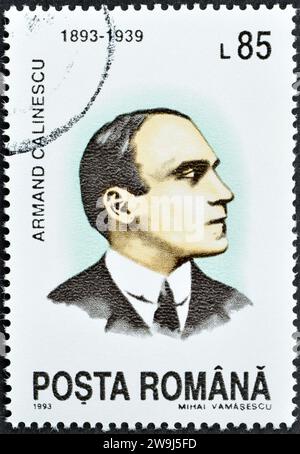 Cancelled postage stamp printed by Romania, that shows portrait of Armand Călinescu, circa 1993. Stock Photo