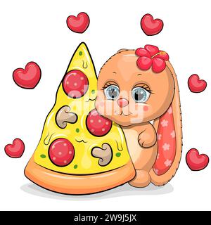 Cute cartoon rabbit with a big piece of pizza. Vector illustration of animal on a white background with red hearts. Stock Vector