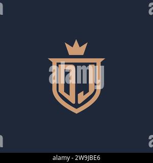 DJ monogram initial logo with shield and crown style design ideas Stock Vector