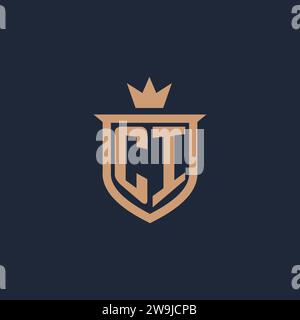 CI monogram initial logo with shield and crown style design ideas Stock Vector