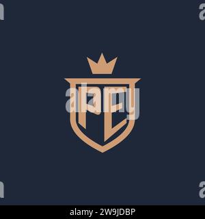 PE monogram initial logo with shield and crown style design ideas Stock Vector