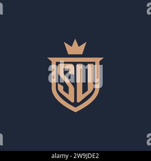SU monogram initial logo with shield and crown style design ideas Stock Vector