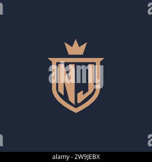 NJ monogram initial logo with shield and crown style design ideas Stock Vector