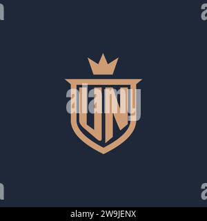 UN monogram initial logo with shield and crown style design ideas Stock Vector