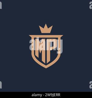 MP monogram initial logo with shield and crown style design ideas Stock Vector