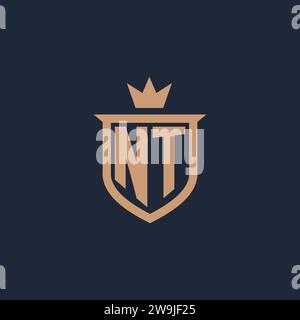NT monogram initial logo with shield and crown style design ideas Stock Vector
