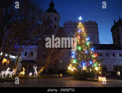 Ducal Castle of Szczecin (Pomeranian Dukes' Castle) illuminated for Christmas and festive season - West Pomerania , Szczecin Poland Stock Photo