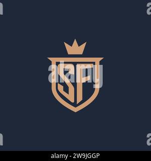 SF monogram initial logo with shield and crown style design ideas Stock Vector