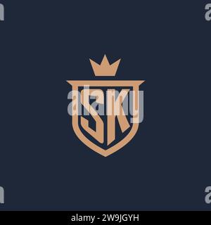 SK monogram initial logo with shield and crown style design ideas Stock Vector