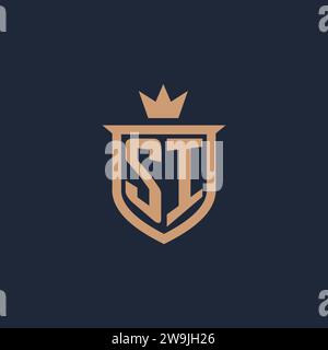 SI monogram initial logo with shield and crown style design ideas Stock Vector