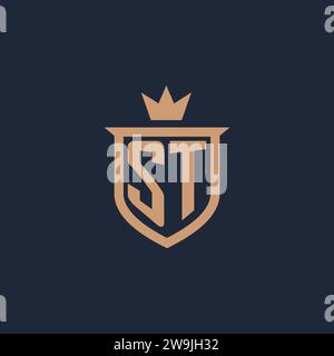 ST monogram initial logo with shield and crown style design ideas Stock Vector