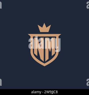 NM monogram initial logo with shield and crown style design ideas Stock Vector