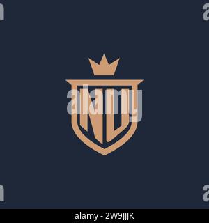 NU monogram initial logo with shield and crown style design ideas Stock Vector