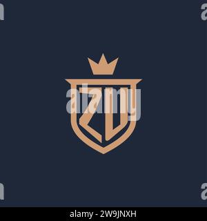 ZU monogram initial logo with shield and crown style design ideas Stock Vector