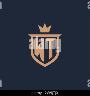 WT monogram initial logo with shield and crown style design ideas Stock Vector