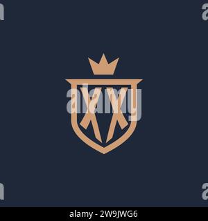 XX monogram initial logo with shield and crown style design ideas Stock Vector