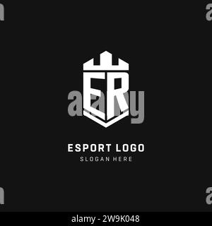 ER monogram logo initial with crown and shield guard shape style vector graphic Stock Vector