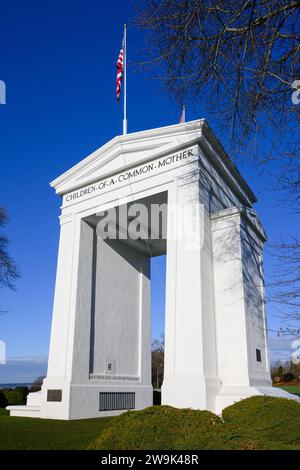 Blaine, WA, USA - December 16, 2023; Closeup view of Peace Arch Monument at USA to Canada border crossing Stock Photo