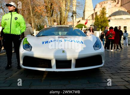 Ferrari Police car, supercar. Ferrari seized from criminal organizations became police car Ferrari 488 GTB   Istanbul Sultanahmet Square 12 27 2023 Stock Photo