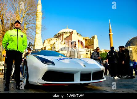 Ferrari Police car, supercar. Ferrari seized from criminal organizations became police car Ferrari 488 GTB   Istanbul Sultanahmet Square 12 27 2023 Stock Photo