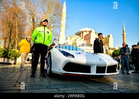 Ferrari Police car, supercar. Ferrari seized from criminal organizations became police car Ferrari 488 GTB   Istanbul Sultanahmet Square 12 27 2023 Stock Photo