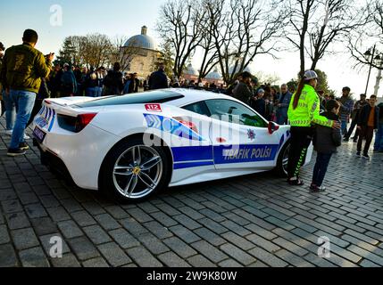 Ferrari Police car, supercar. Ferrari seized from criminal organizations became police car Ferrari 488 GTB   Istanbul Sultanahmet Square 12 27 2023 Stock Photo