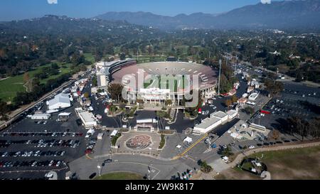 (EDITOR’S NOTE: Image taken with a drone)An aerial view of the empty Rose Bowl in Pasadena. Alabama Crimson Tide will play Michigan Wolverines in the traditional Rose Bowl NCAA football game on January 1, 2024. Stock Photo