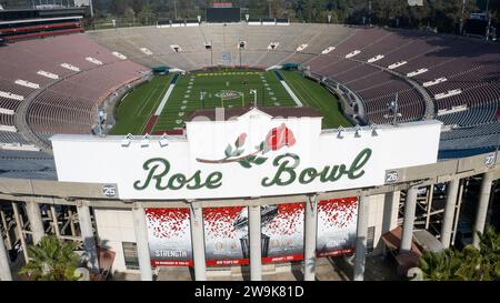 (EDITOR’S NOTE: Image taken with a drone)An aerial view of the empty Rose Bowl in Pasadena. Alabama Crimson Tide will play Michigan Wolverines in the traditional Rose Bowl NCAA football game on January 1, 2024. Stock Photo