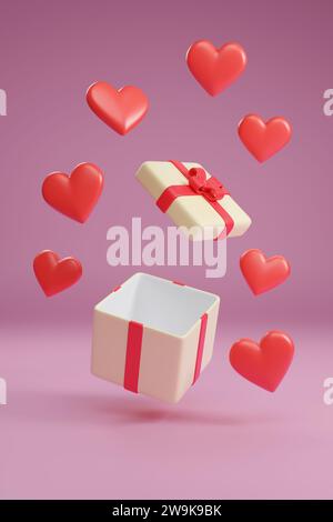 Hearts coming out of a gift box isolated on a pink background. 3d illustration. Stock Photo